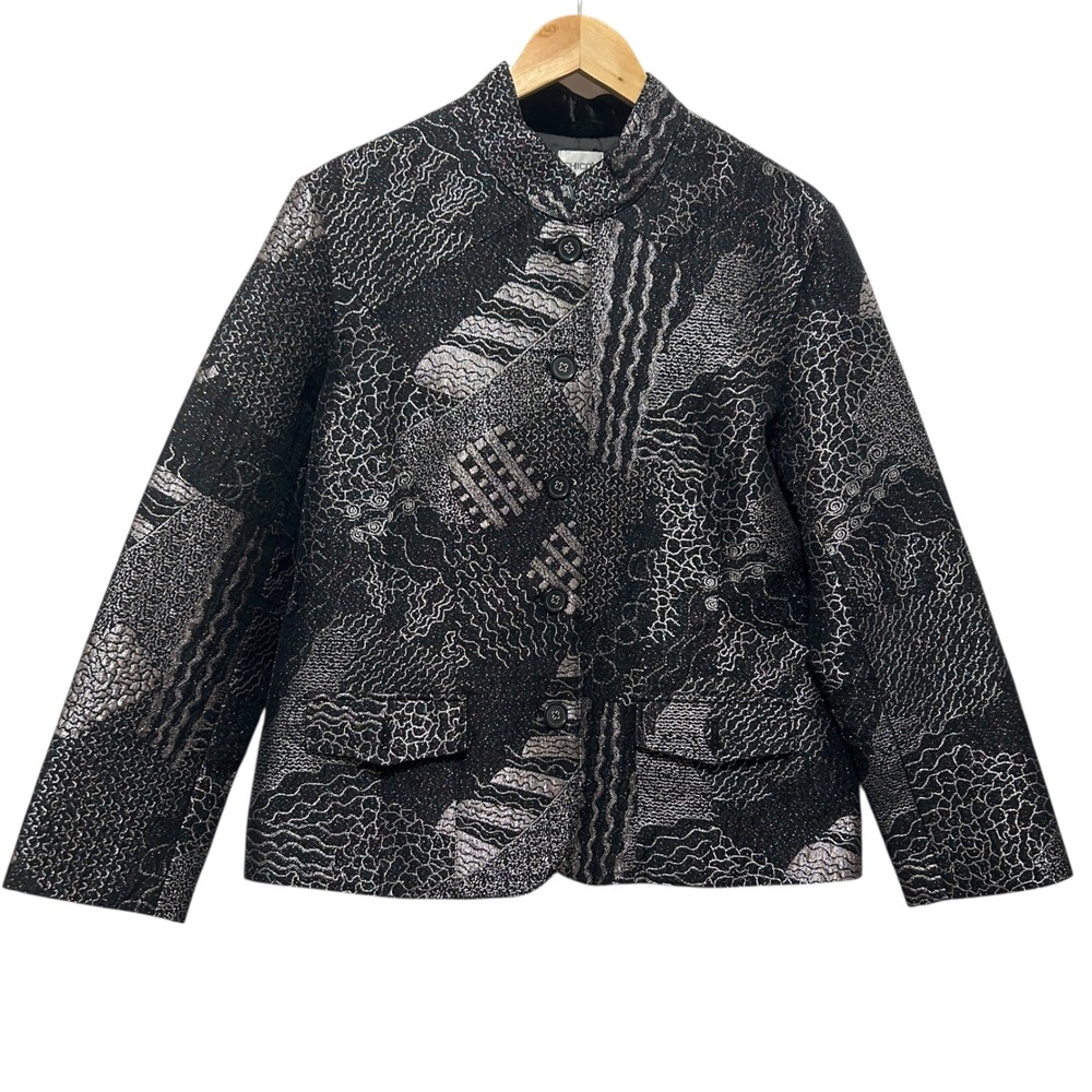 Chicos 2 Women‎ Jacket L Black Metallic Artwear Textured Brocade Statement Glam